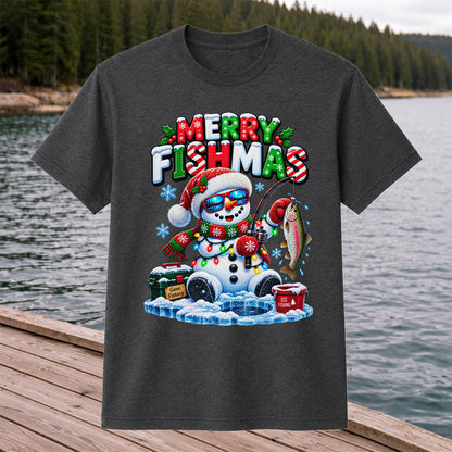 Merry Fishmas Gone Fishing Snowman and Rainbow Trout Ice Fishing Christmas T-Shirt