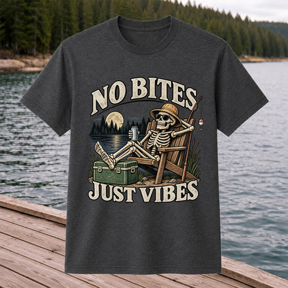 No Bites Just Vibes Skeleton Lake Fishing Graphic T-Shirt