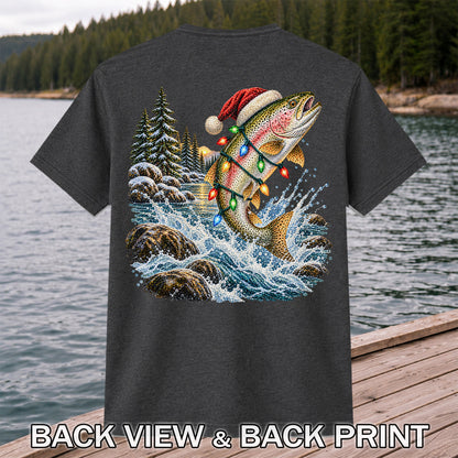 Santa Hat Rainbow Trout Christmas Fishing Graphic T-Shirt | Back Print
