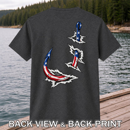 Patriotic American Flag Fishing Hooks Graphic T-Shirt | Back Print