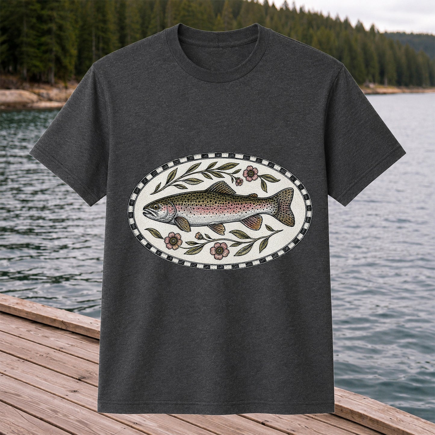 Vintage Floral Rainbow Trout Fishing Graphic T-Shirt