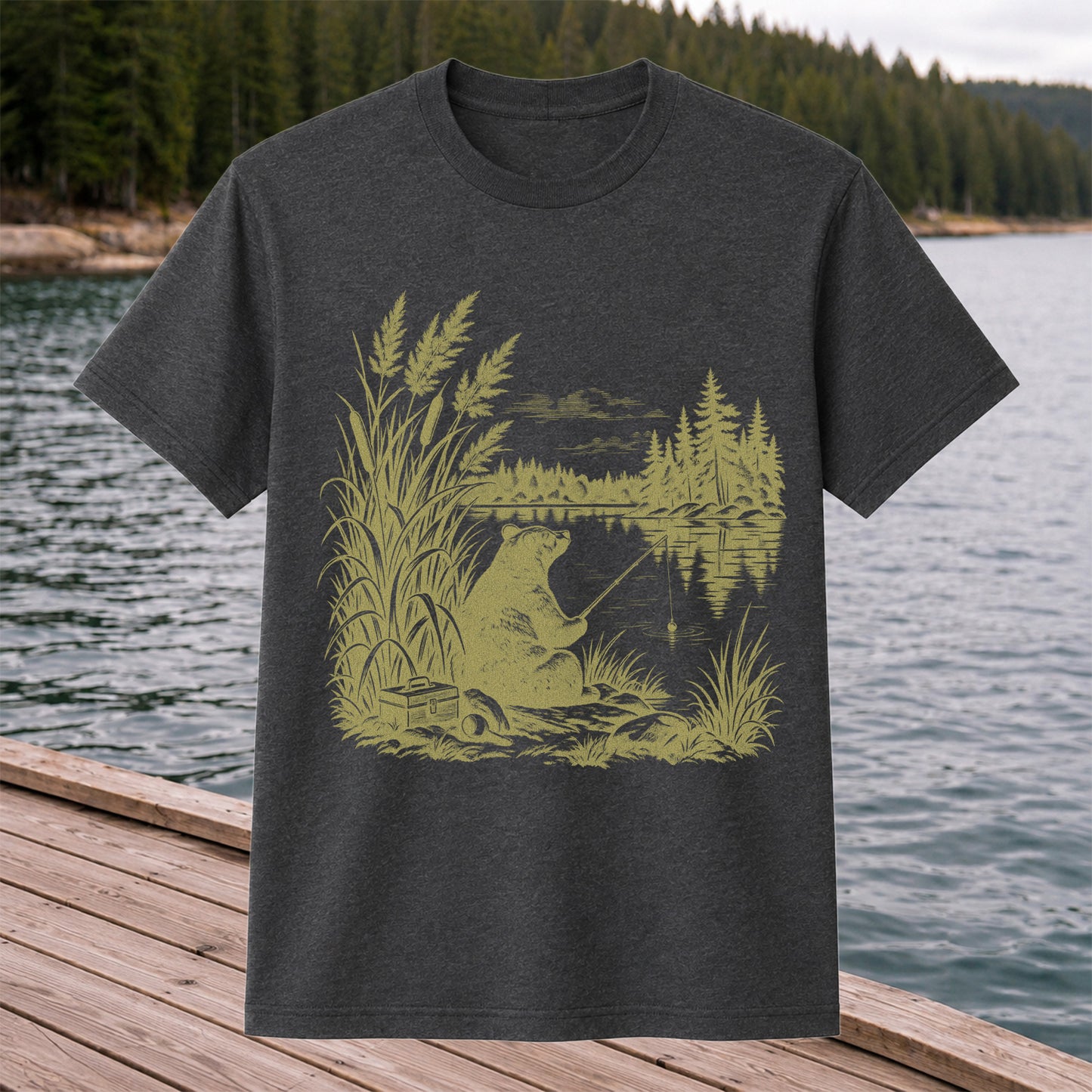 Bear Fishing by the Lake Vintage Outdoor Graphic T-Shirt
