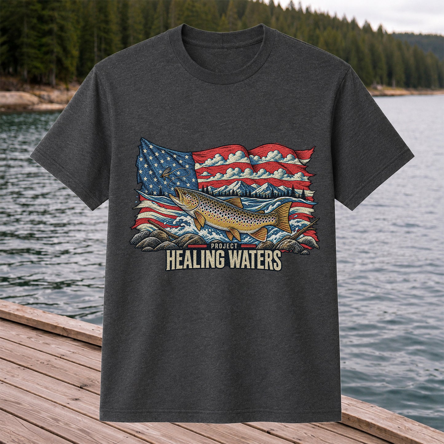 Healing Waters American Flag Brown Trout Fishing Graphic T-Shirt