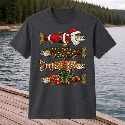 Festive Christmas Trout Santa and Gingerbread Fishing T-Shirt