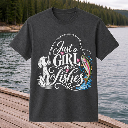 Just a Girl Who Fishes Rainbow Trout and Female Angler Fishing T-Shirt