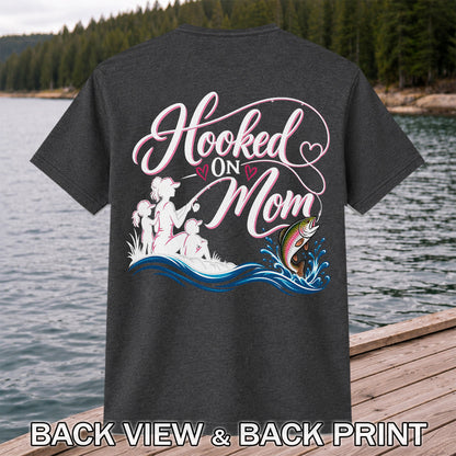 Hooked on Mom Rainbow Trout Family Fishing T-Shirt | Back Print