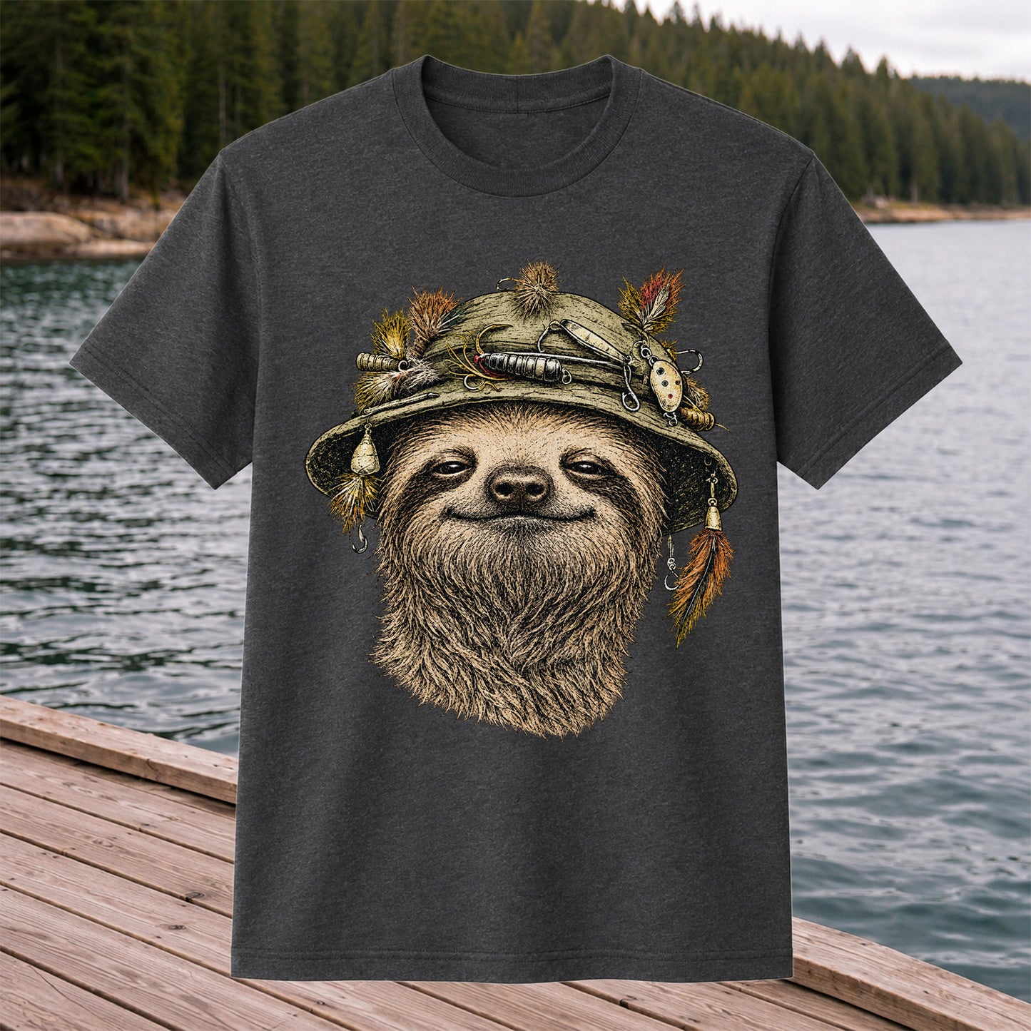 Sloth Wearing a Fishing Lure Hat Hand-Drawn Graphic T-Shirt