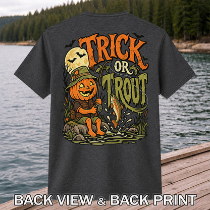 Trick or Trout Pumpkin Angler Halloween Fishing T-Shirt | Back Print