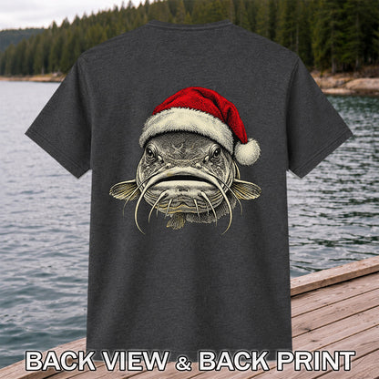 Christmas Catfish Santa Hat Holiday Fishing Graphic T-Shirt | Back Print