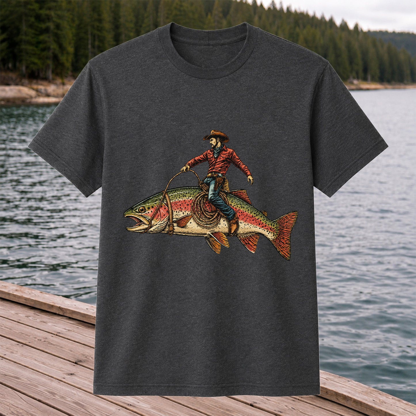 Cowboy Riding Rainbow Trout T-Shirt Vintage Western Fishing Tee