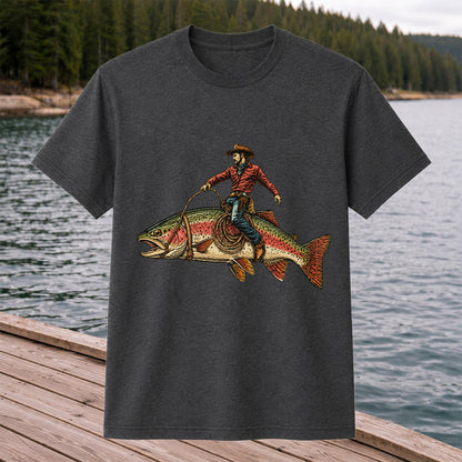 Cowboy Riding Rainbow Trout T-Shirt Vintage Western Fishing Tee