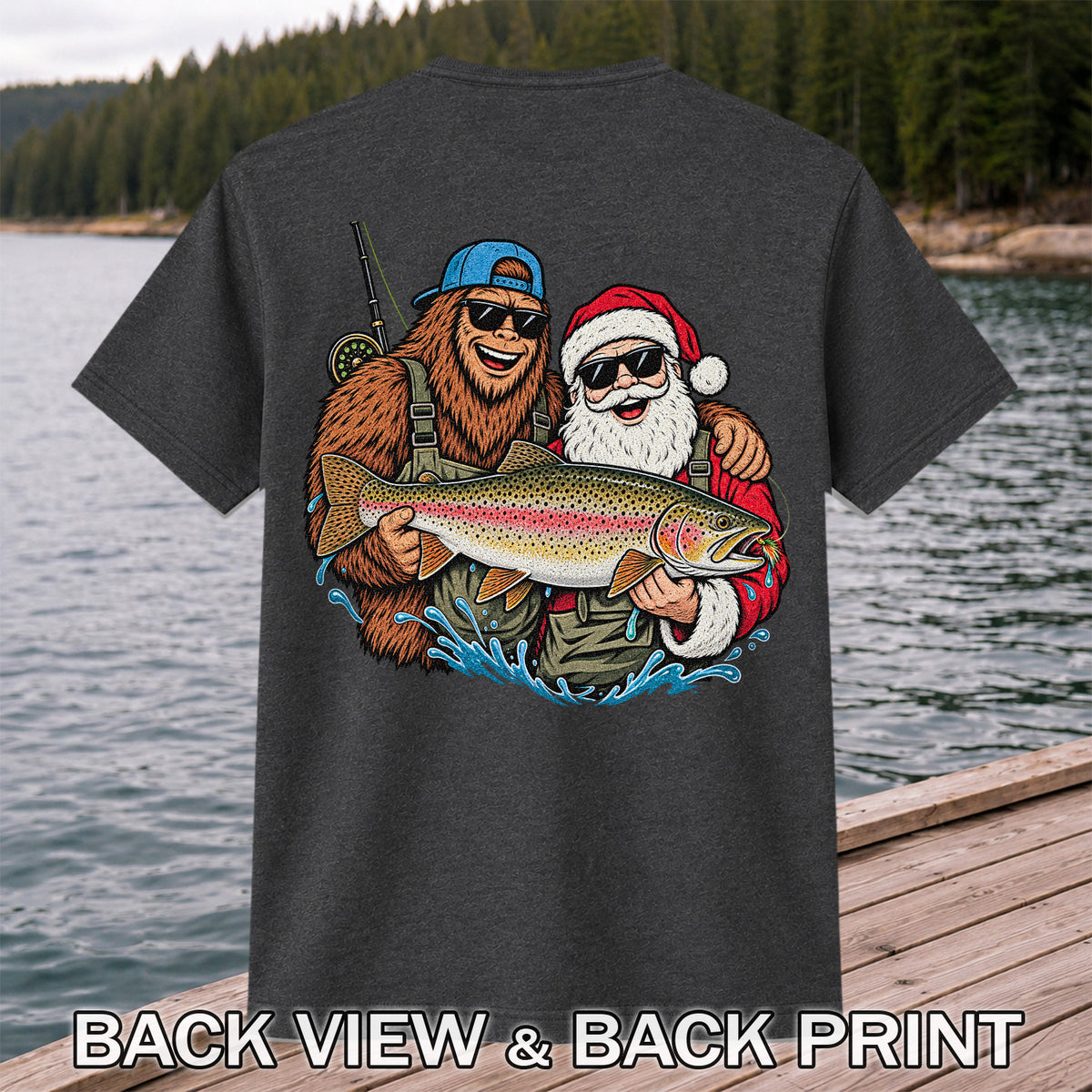Bigfoot and Santa Holding Rainbow Trout Christmas Fishing Graphic T-Shirt | Back Print