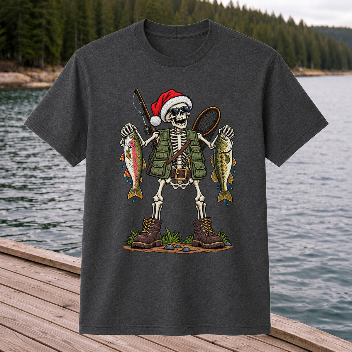 Santa Hat Skeleton Holding Trout and Bass Christmas Fishing T-Shirt