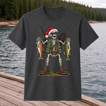 Santa Hat Skeleton Holding Trout and Bass Christmas Fishing T-Shirt