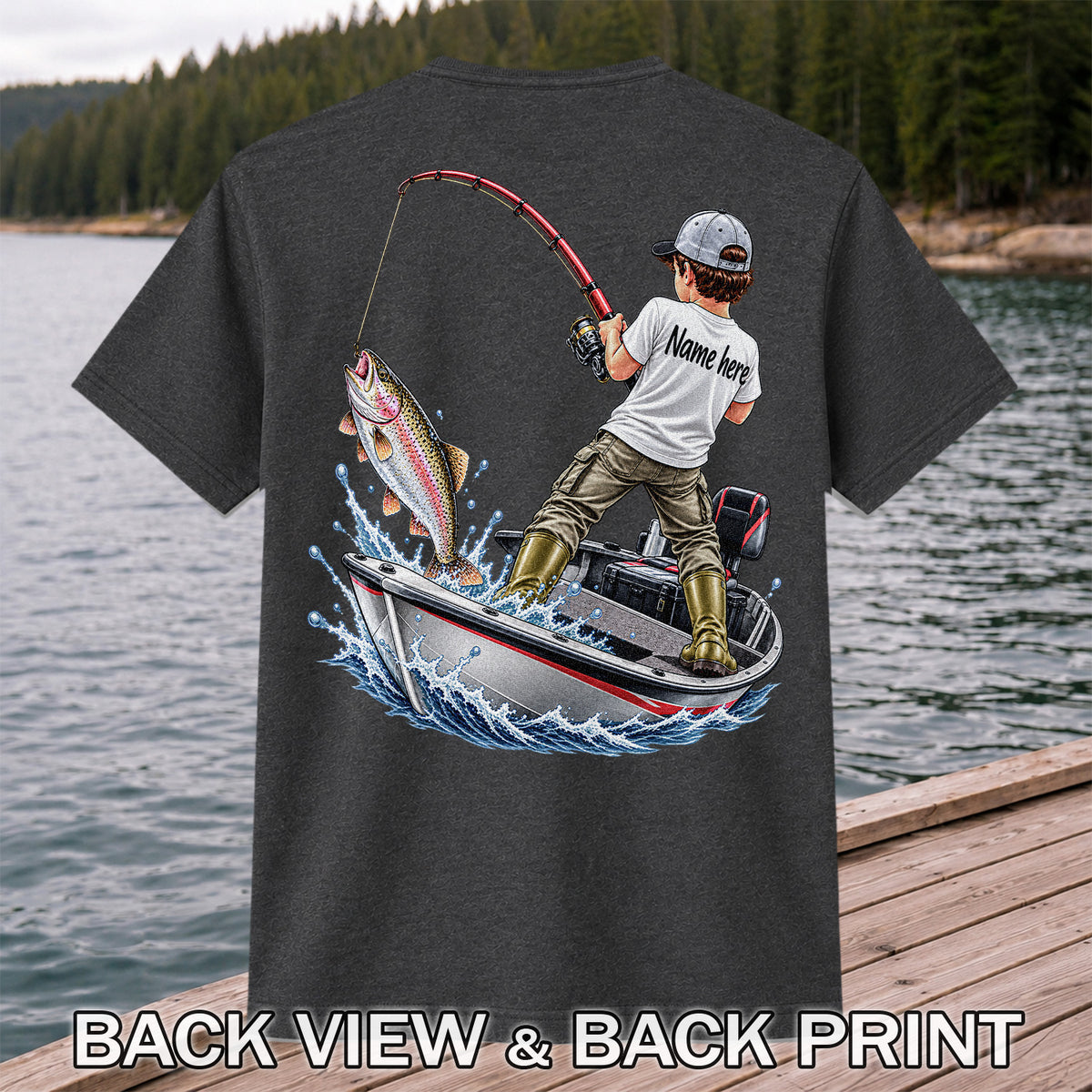 Personalized Boy Fishing Boat and Rainbow Trout Graphic T-Shirt | Back Print