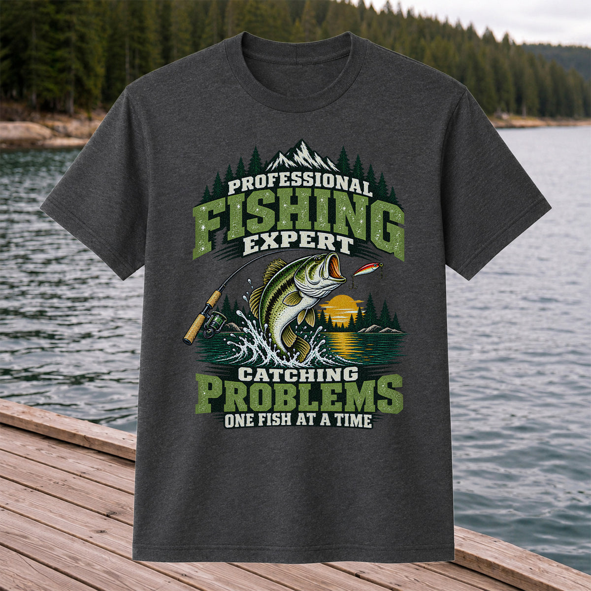 Professional Fishing Expert Catching Problems One Fish at a Time Bass T-Shirt