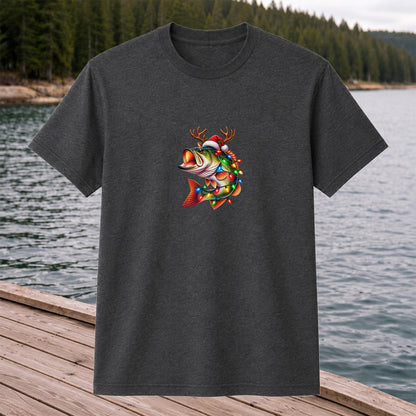 Christmas Bass with Santa Hat, Antlers and Holiday Lights Fishing T-Shirt