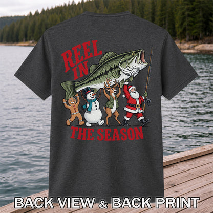Reel in the Season Bass Christmas Fishing Graphic T-Shirt | Back Print