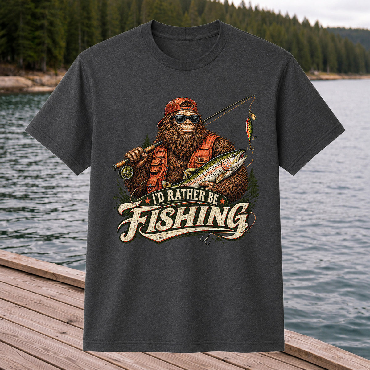 Bigfoot Holding Trout Funny Fishing Graphic T-Shirt