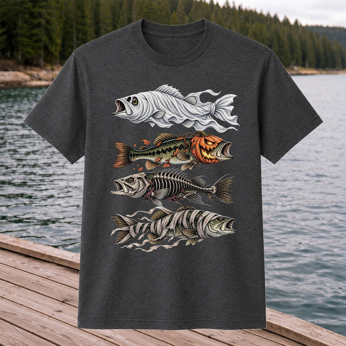 Halloween Bass Ghost Pumpkin Skeleton and Mummy Fish Graphic T-Shirt