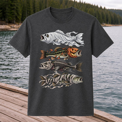 Halloween Bass Ghost Pumpkin Skeleton and Mummy Fish Graphic T-Shirt