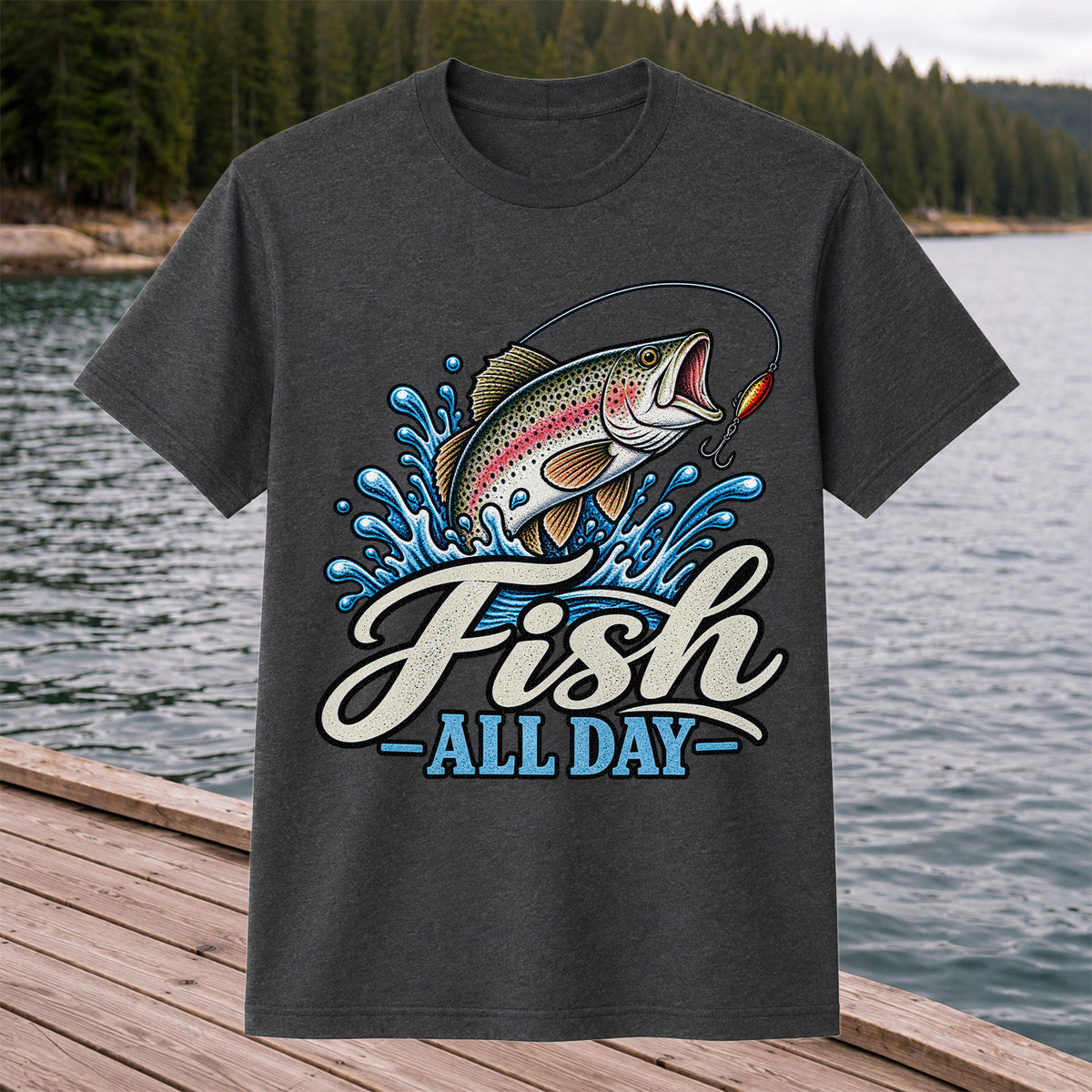 Fish All Day Jumping Rainbow Trout Fishing Graphic T-Shirt