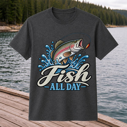 Fish All Day Jumping Rainbow Trout Fishing Graphic T-Shirt