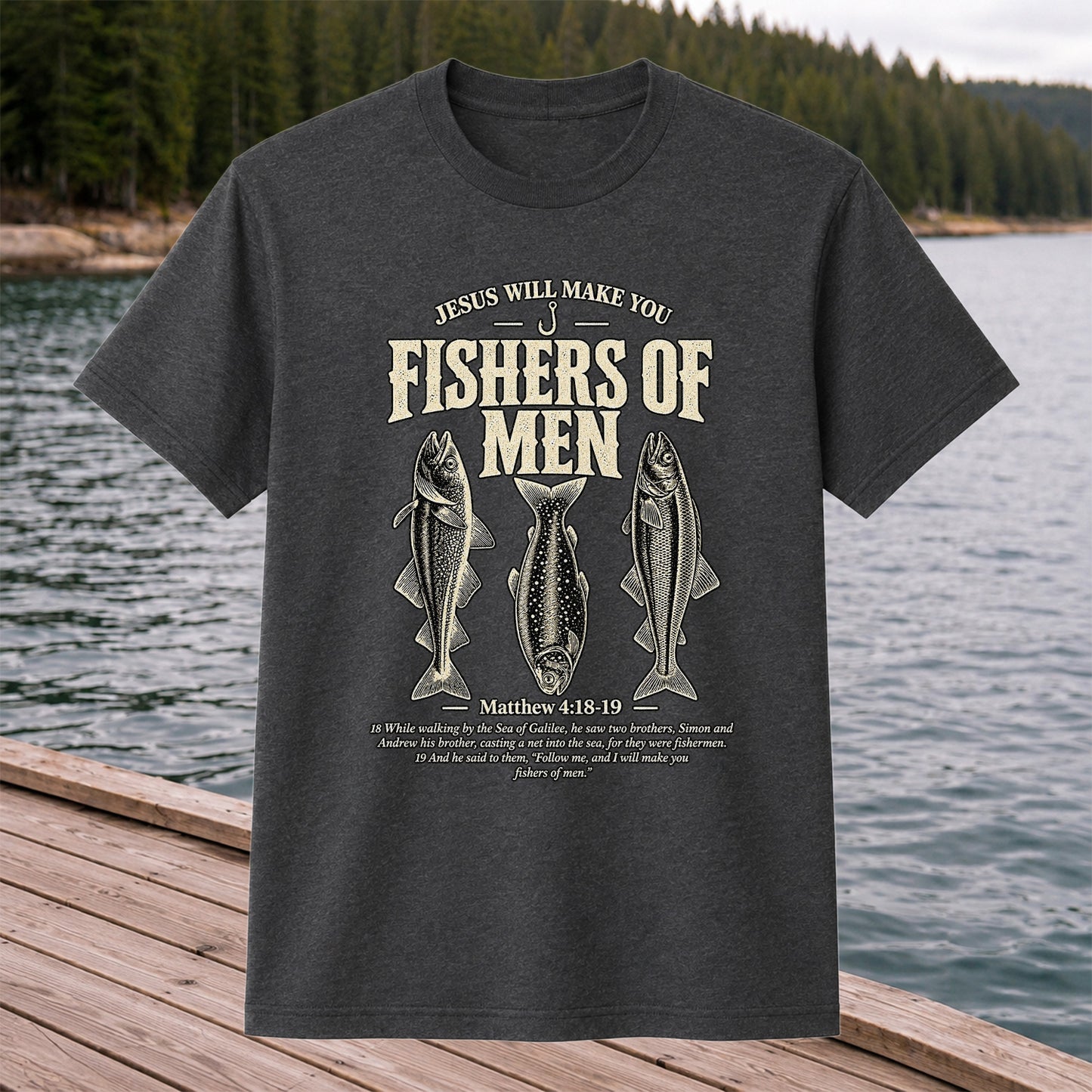 Jesus Will Make You Fishers of Men Matthew 4:18-19 Vintage Fish Graphic T-Shirt