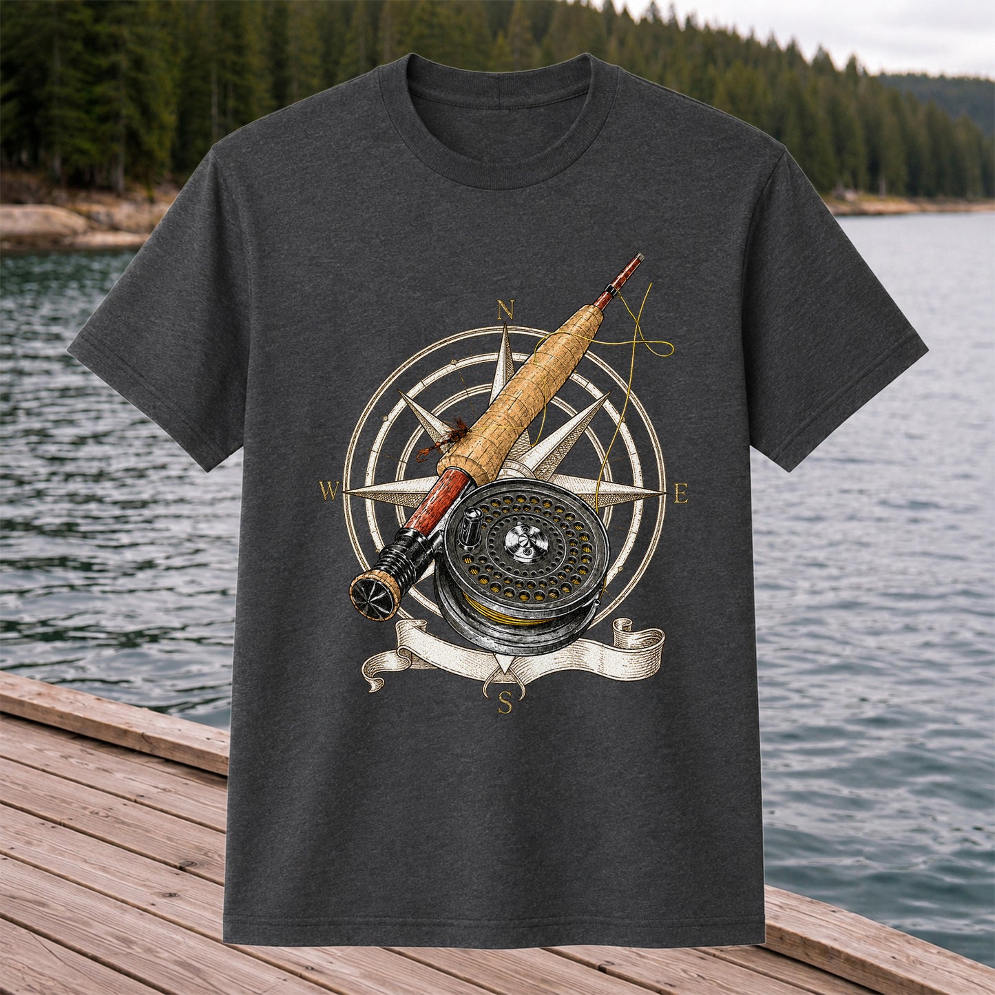 Vintage Fly Fishing Rod Reel and Compass Graphic T-Shirt