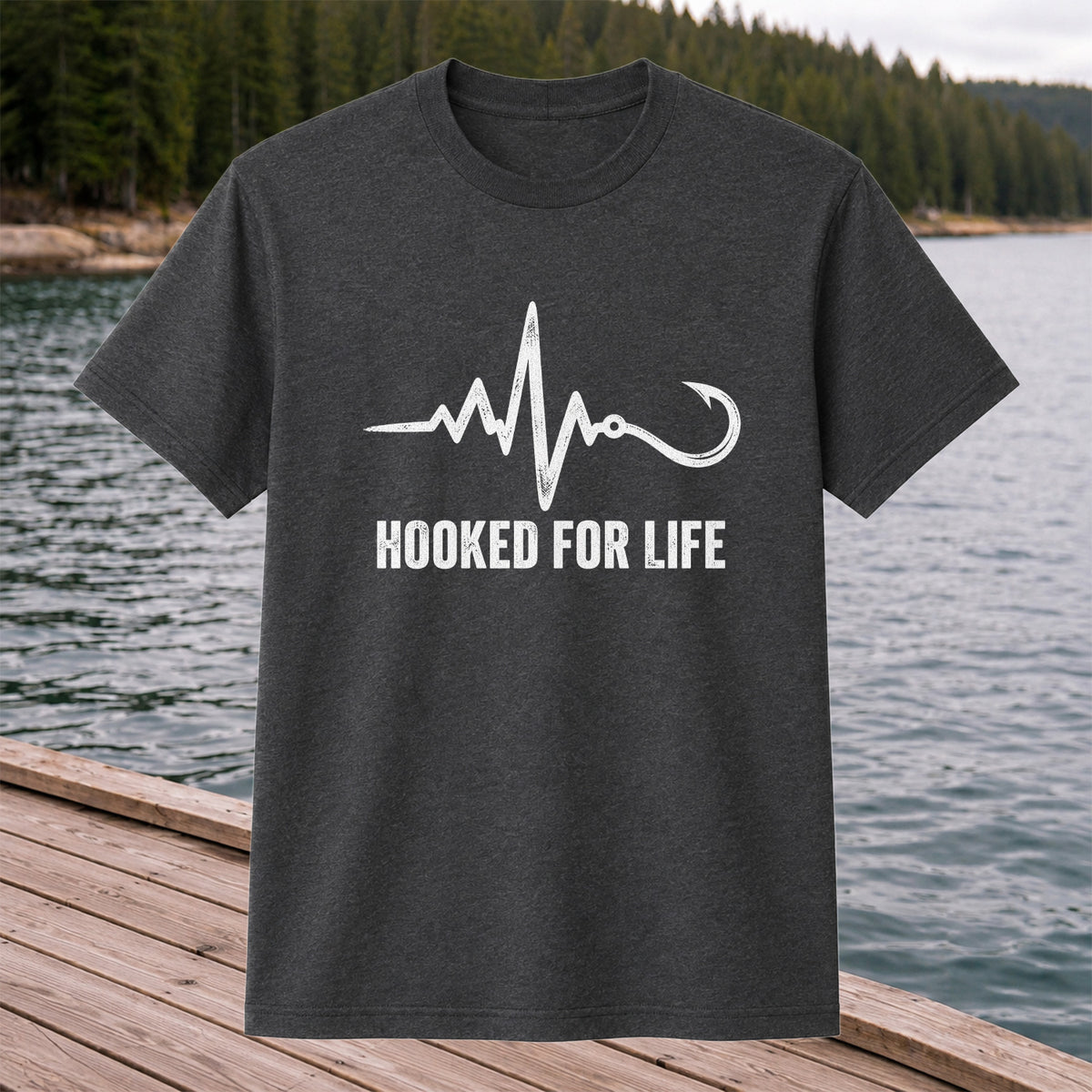 Hooked for Life Fishing Hook Heartbeat Graphic T-Shirt