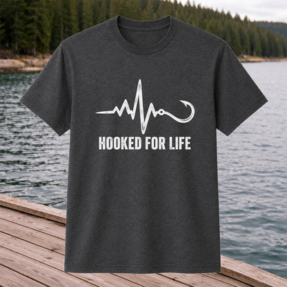Hooked for Life Fishing Hook Heartbeat Graphic T-Shirt