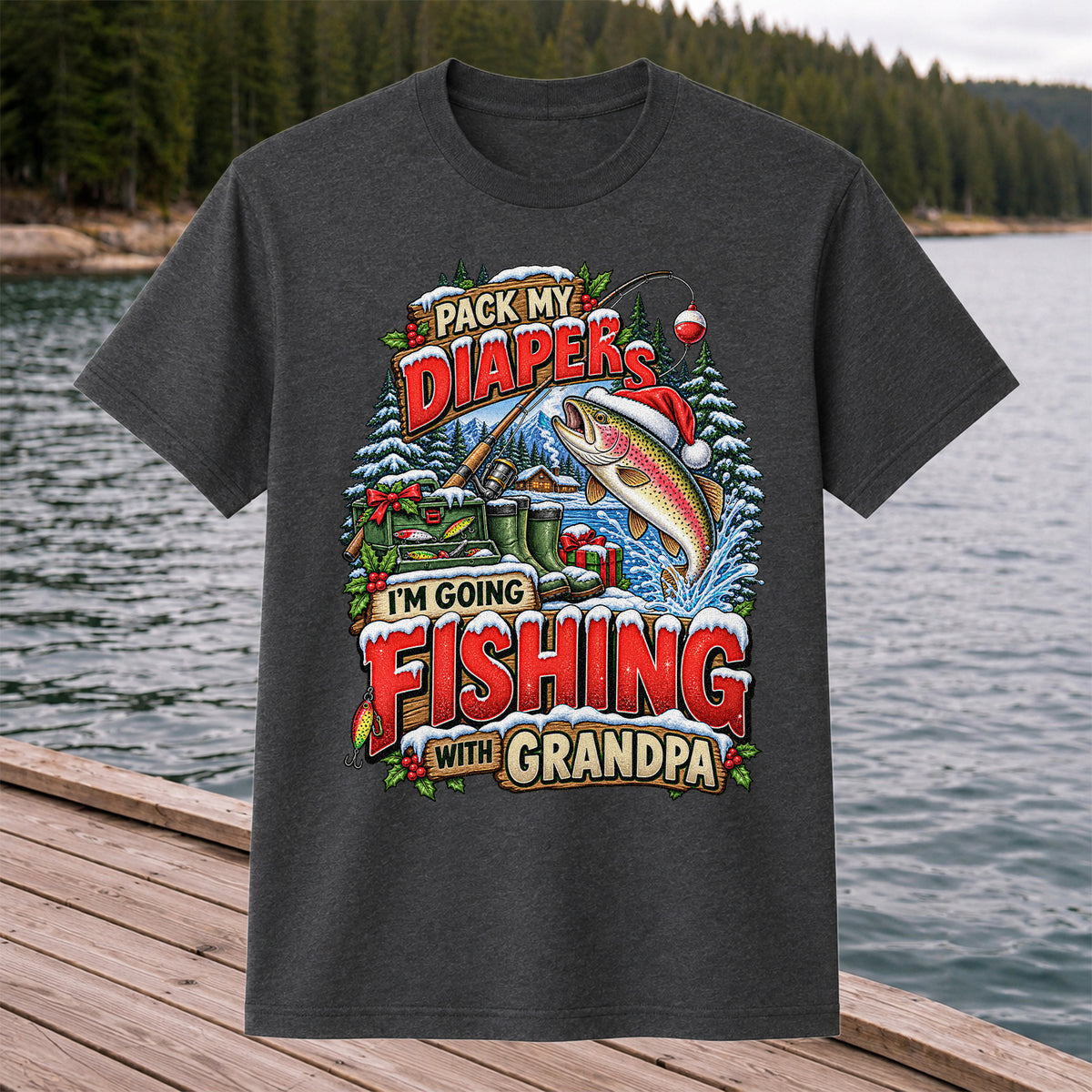 Pack My Diapers I'm Going Fishing With Grandpa Christmas Rainbow Trout T-Shirt