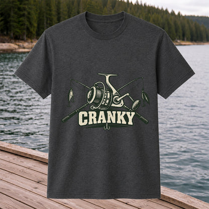 Cranky Fishing Reel and Crossed Rods Graphic T-Shirt