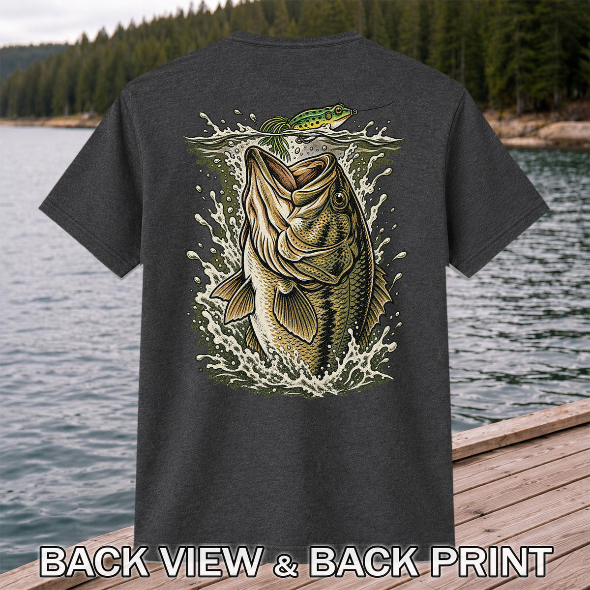 Largemouth Bass Striking a Frog Lure Fishing Graphic T-Shirt | Back Print