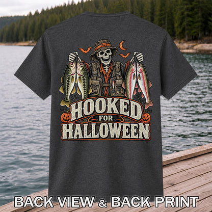 Hooked for Halloween Skeleton Angler with Bass and Trout Fishing T-Shirt | Back Print