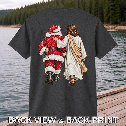Santa and Robed Companion Fishing Graphic T-Shirt | Back Print