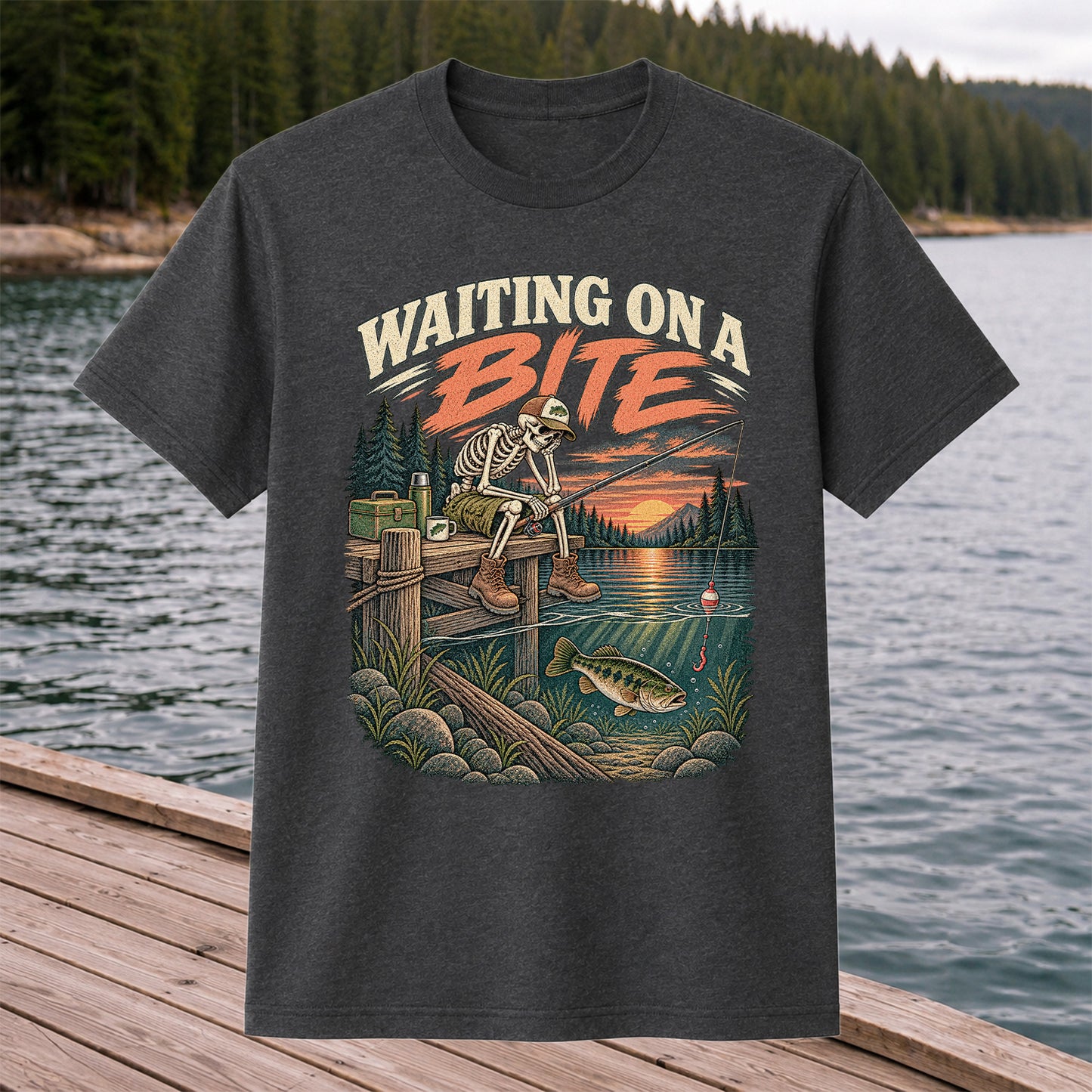 Waiting on a Bite Skeleton Bass Fishing Graphic T-Shirt