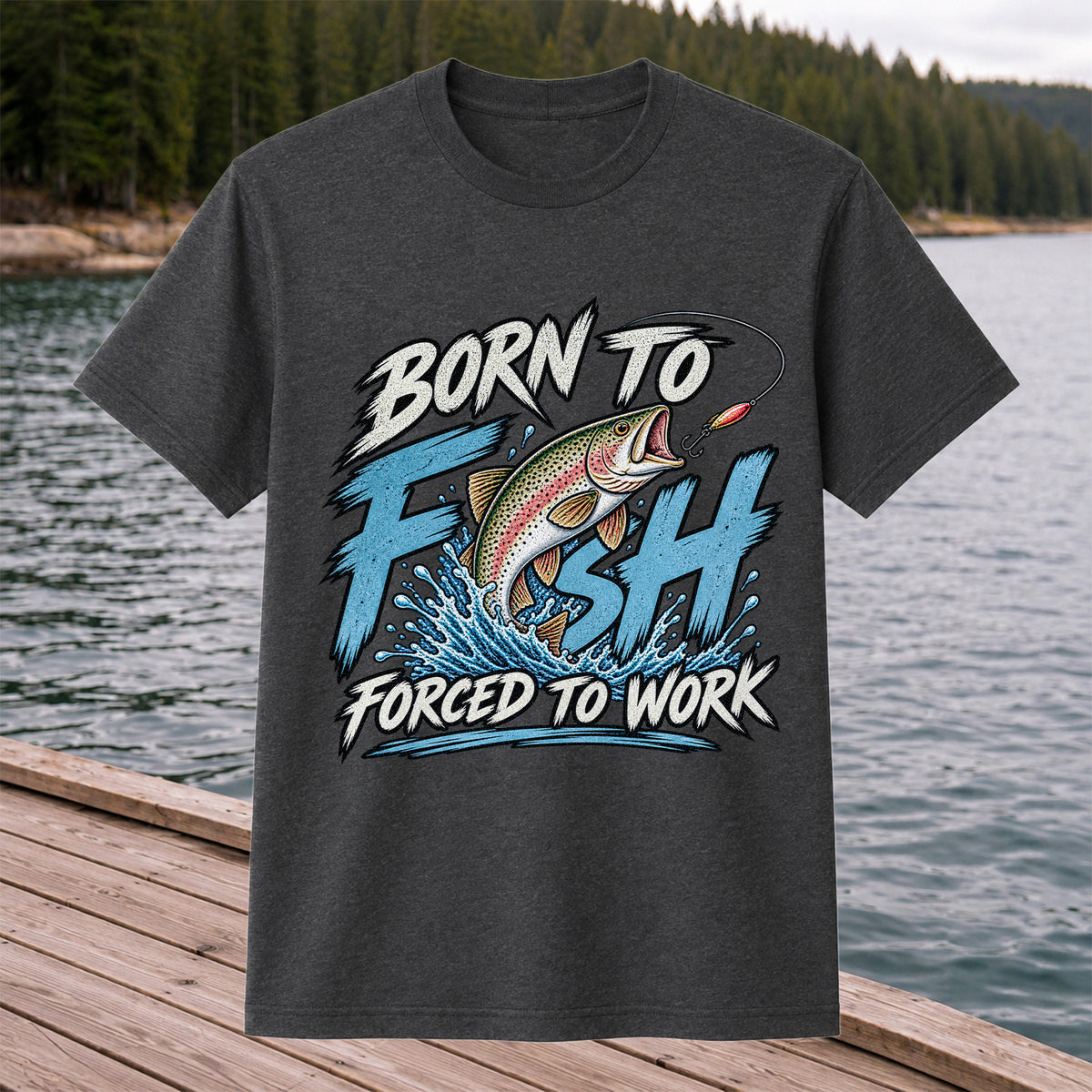 Born to Fish Forced to Work Jumping Rainbow Trout Fishing T-Shirt