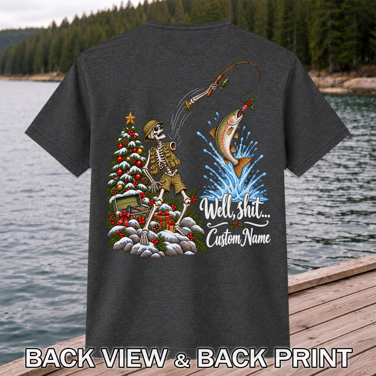 Skeleton Angler Christmas Fishing Personalized Graphic T-Shirt | Back Print