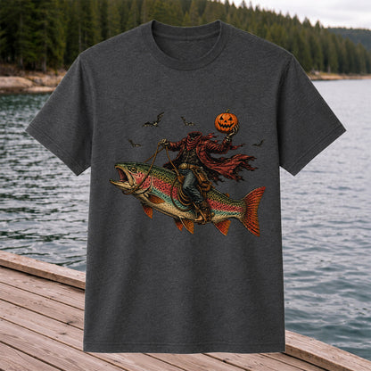 Halloween Cowboy Trout Fishing T-Shirt Pumpkin Fishing Tee