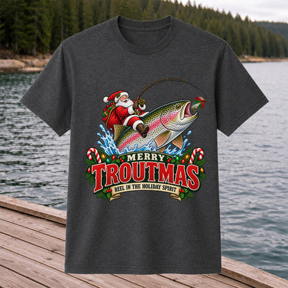 Merry Troutmas Reel in the Holiday Spirit Santa Riding Rainbow Trout Christmas Fishing T-Shirt