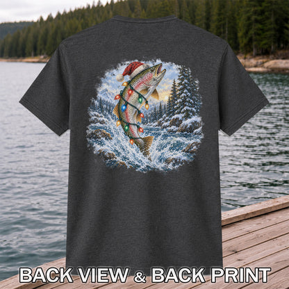 Santa Rainbow Trout with Christmas Lights Fishing T-Shirt | Back Print