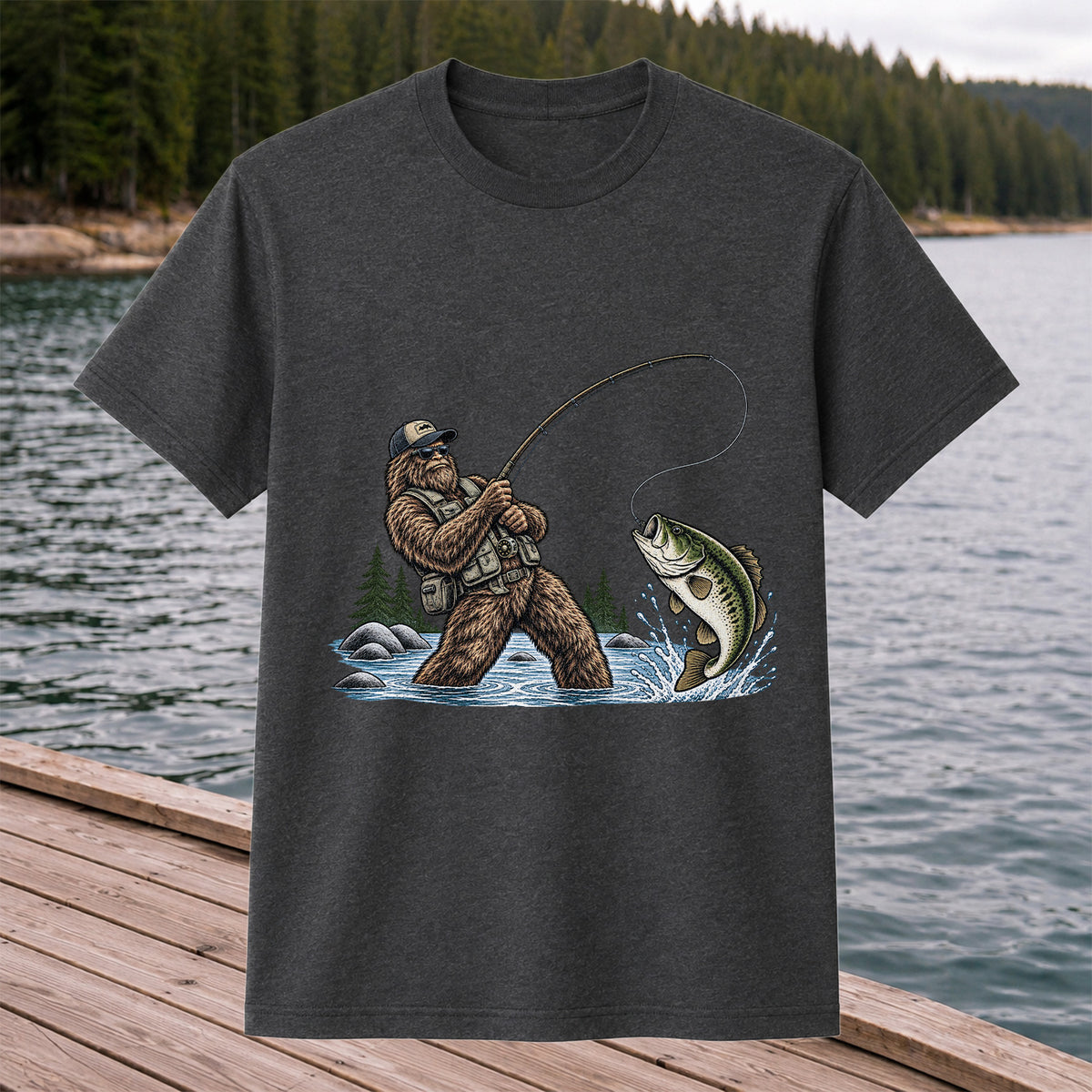Bear Catching Bass Fishing Graphic T-Shirt