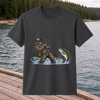 Bear Catching Bass Fishing Graphic T-Shirt