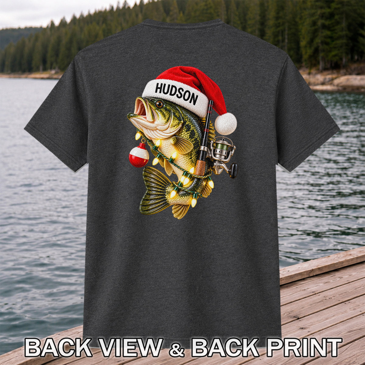 Hudson Santa Hat Bass Christmas Fishing Graphic T-Shirt | Back Print