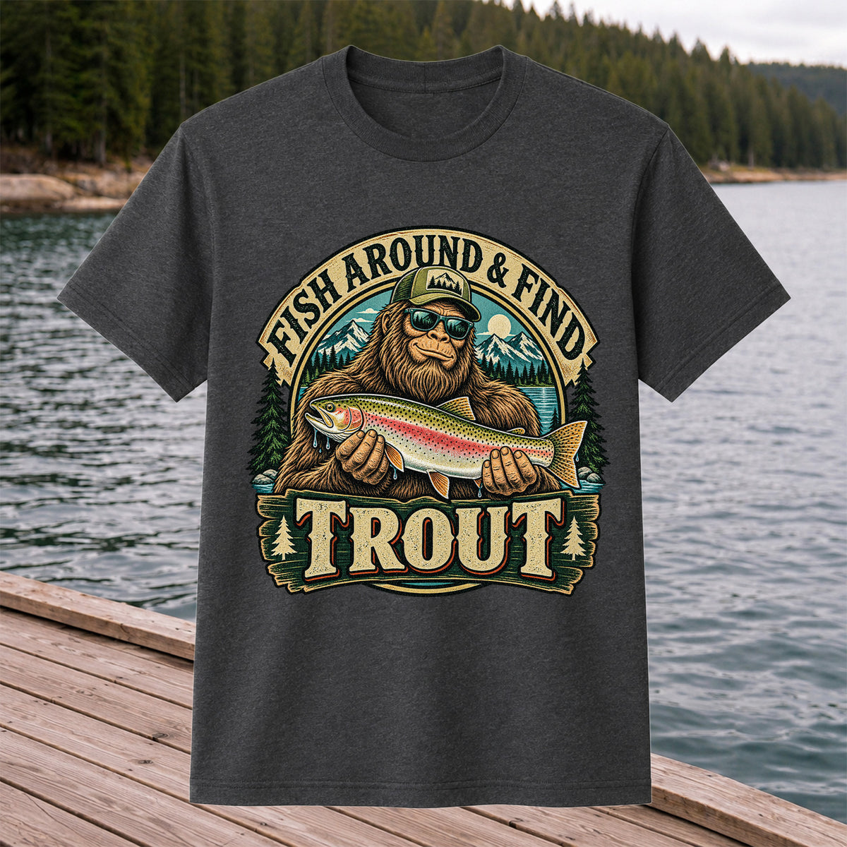 Fish Around & Find Trout Bigfoot Rainbow Trout Fishing T-Shirt