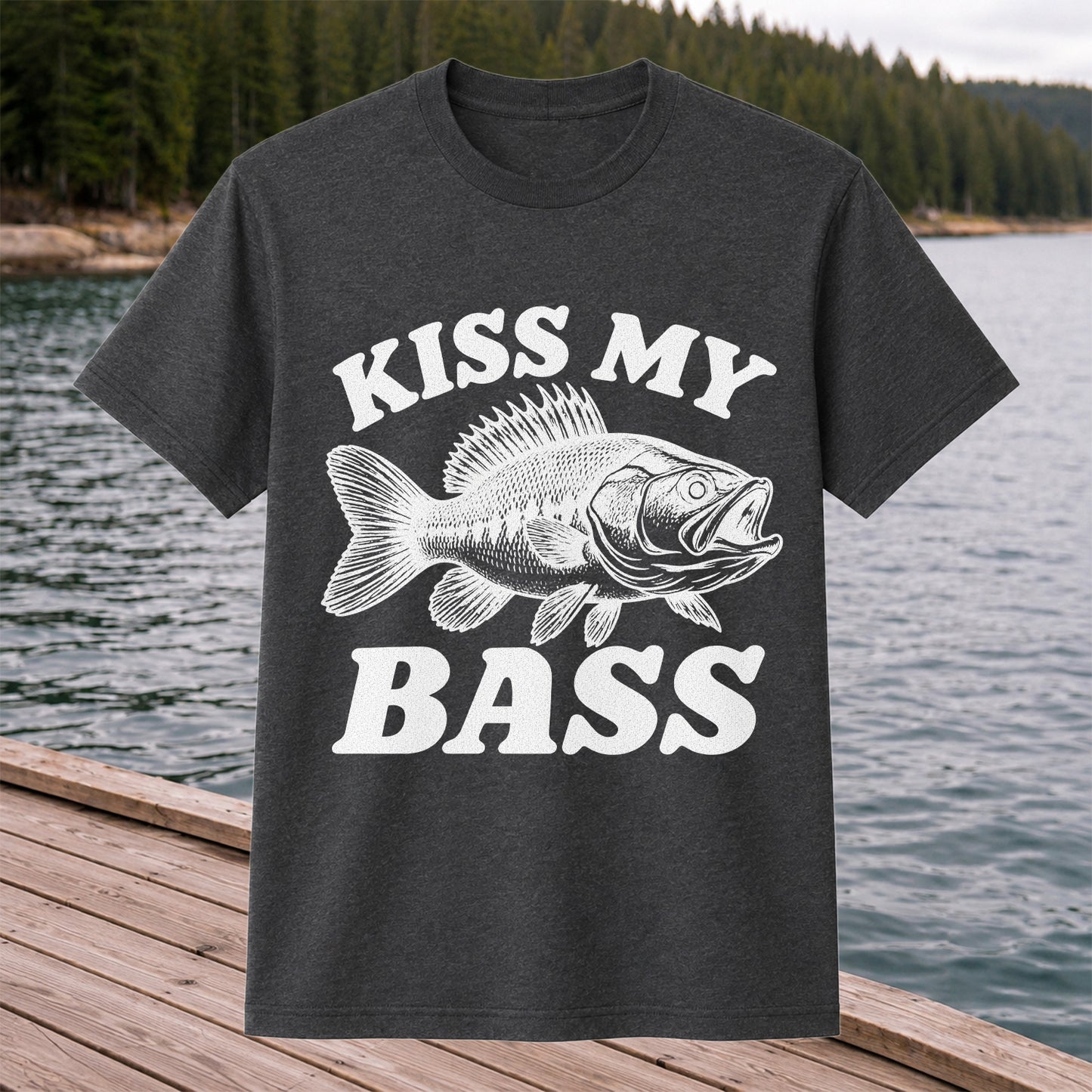 Kiss My Bass Blue Bass Funny Fishing Graphic T-Shirt