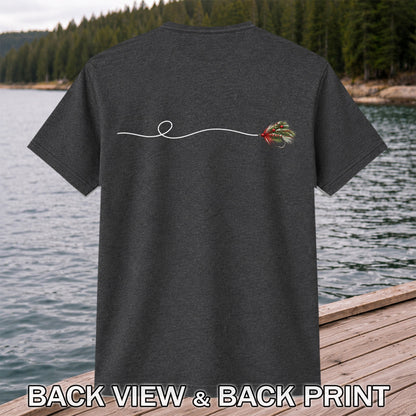 Festive Fly Fishing Lure and Line Graphic T-Shirt | Back Print