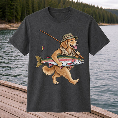 Golden Retriever Holding Rainbow Trout Fishing Graphic T-Shirt