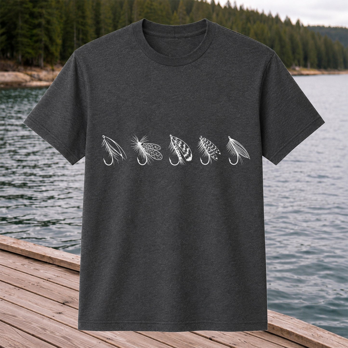 Five Fly Fishing Lures Minimalist Line Art T-Shirt